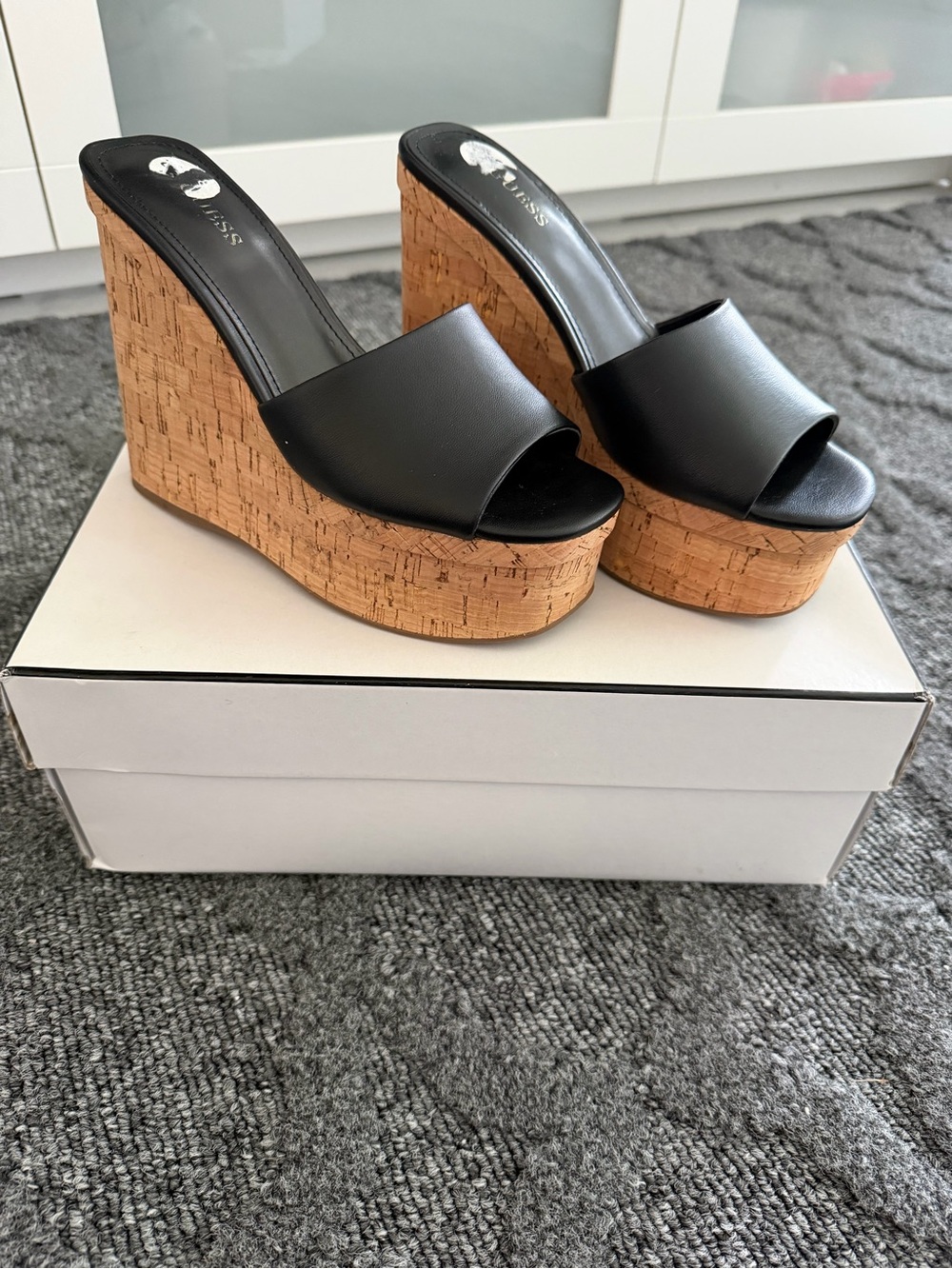 Guess Black Leather Cork Wedge Slide Sandals